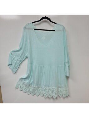 Sonoma Goods For Life Shirt Womens 2X Green Crochet Hem Bell Sleeve Tunic Top